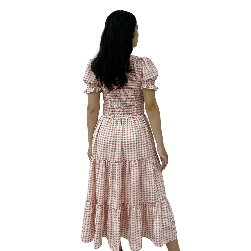 High-Quality Customized Casual Ladies O Neck Tiered Ruffles Heart Print Shirred Pink Floor-Length Natural Waist Dress for Women Supplier, Factories