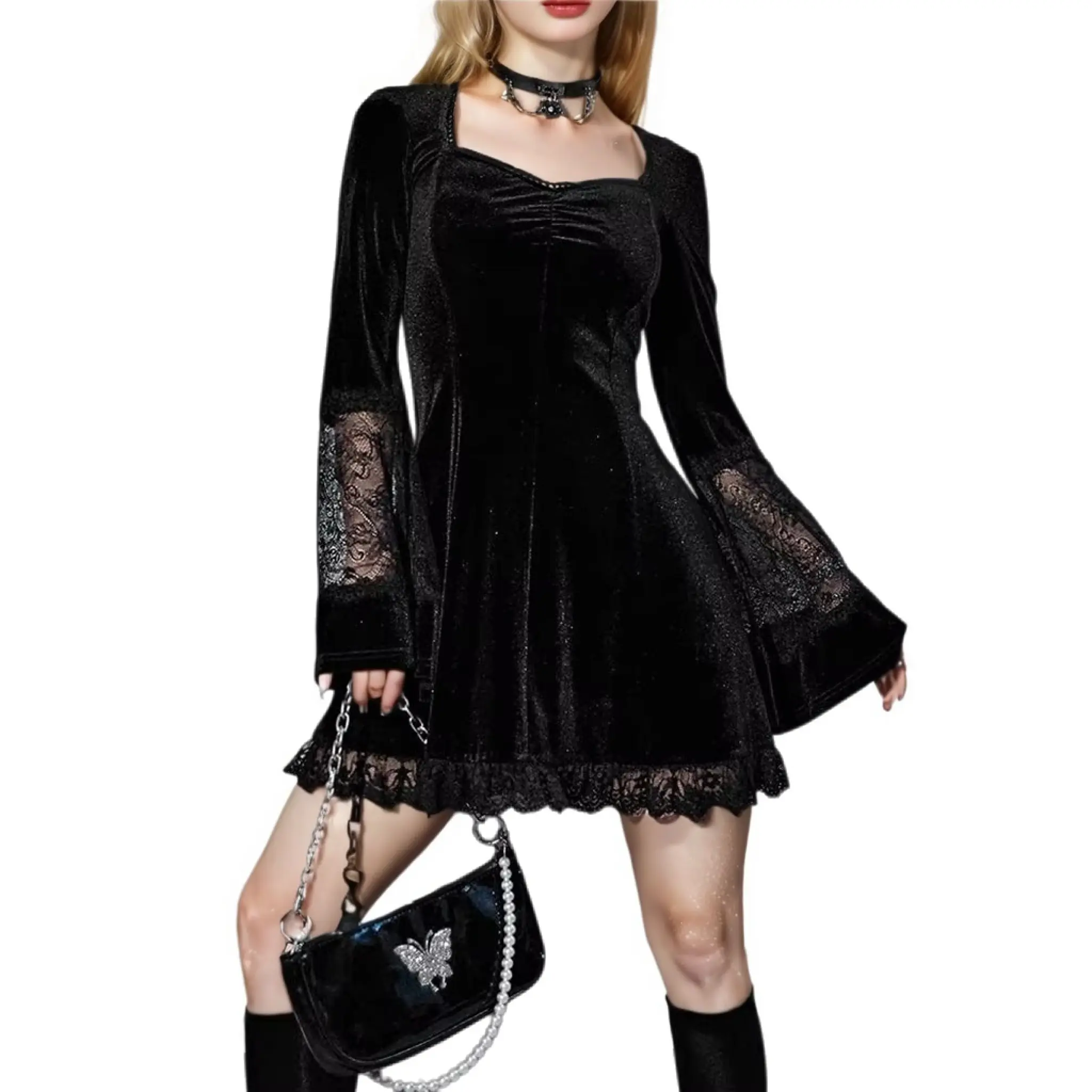 ODM OEM/ODM Women's Dress Anti-Static Velvet Contrast Lace Long Sleeve Dress Black Goth Vintage High Waist Manufacturers, Factory