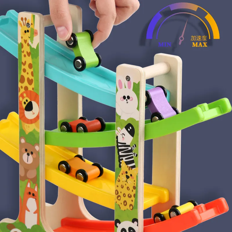 Wooden Montessori Sliding Race Track Car Toy 4