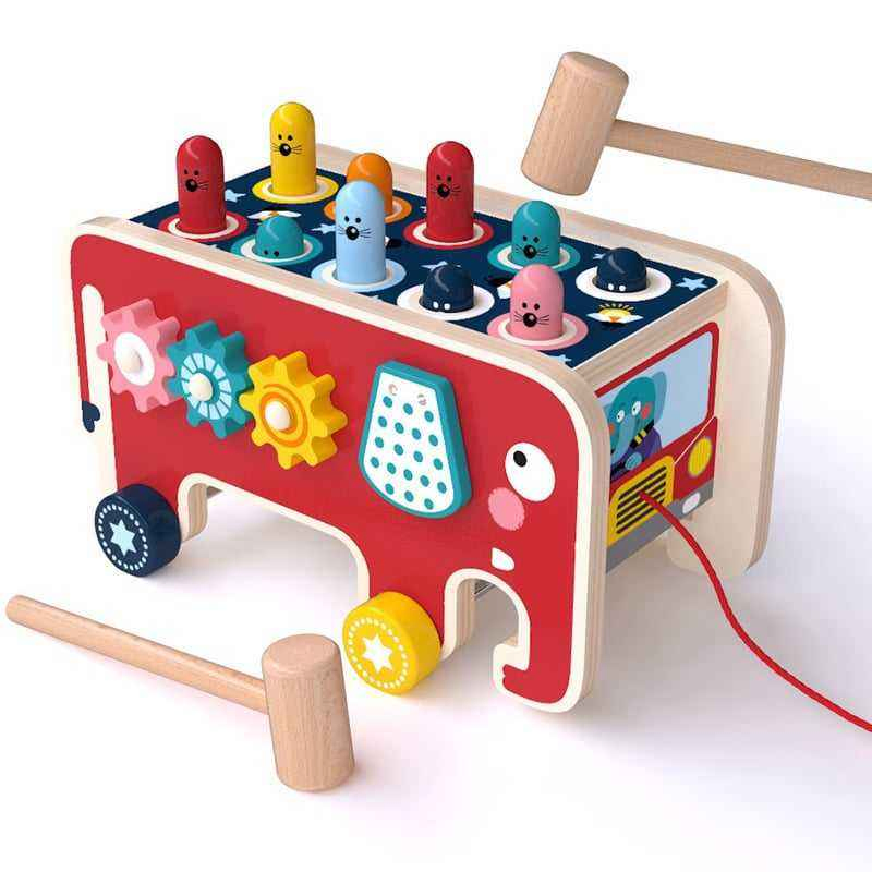 Elephant Hitting Hamster Wooden Knock Toys Pull Push Car Colorful