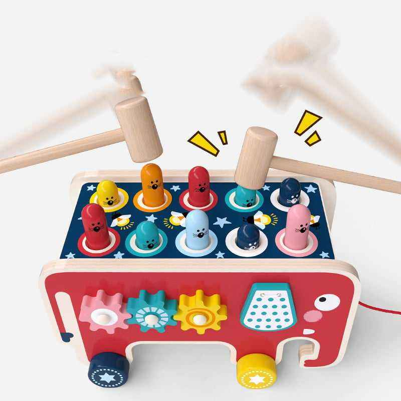 Elephant Hitting Hamster Wooden Knock Toys Pull Push Car Colorful