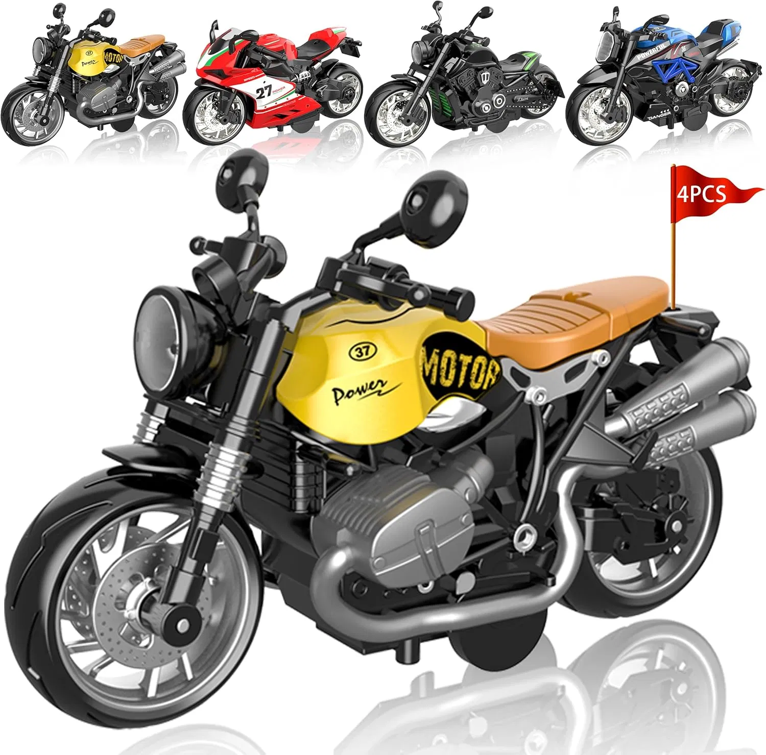 Ibay 4-Pack Pull-Back Motorcycle Toys-Friction Powered Kids Toy Cars with Lights Sounds &amp; Automatic Drive for Boys &amp; Girls Aged 3-12