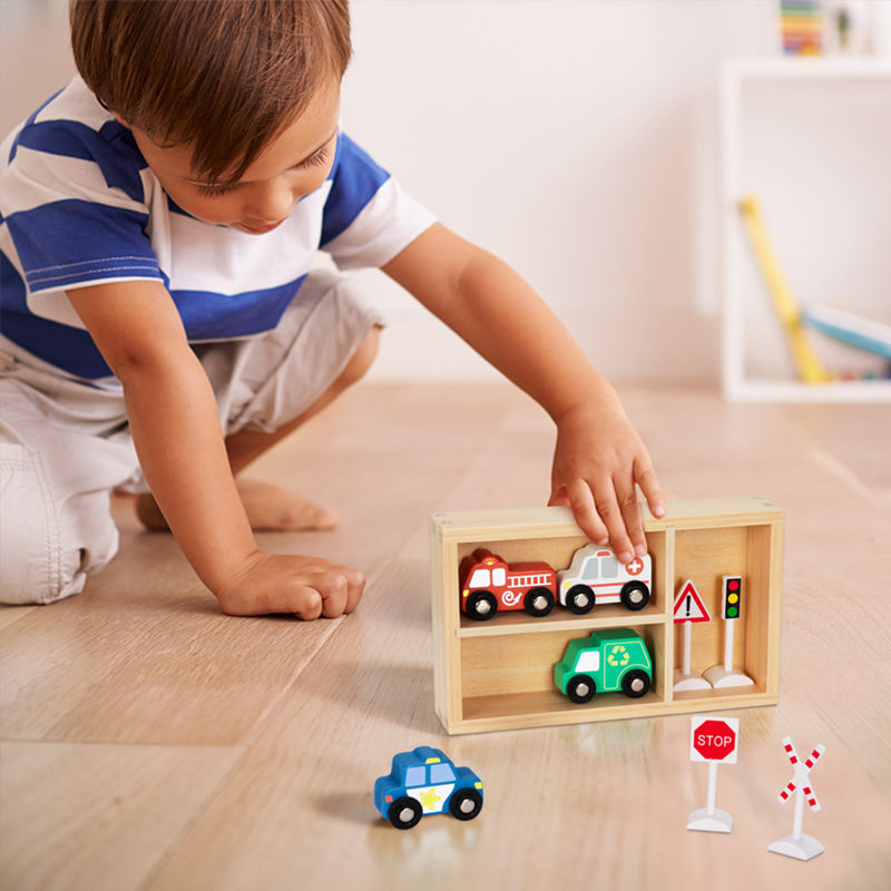 Wooden Transportation Kids Play Street Sign Race Car Track Ambulance Slot Toy
