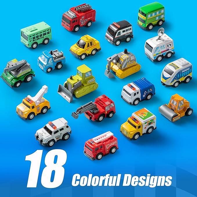 Ibay 18PCS Pull Back City Cars and Trucks Toy Vehicles Set Friction Powered Mini Cars Toys for Toddlers Party Favors for Kids 3-5 Birthday Gifts for Boys