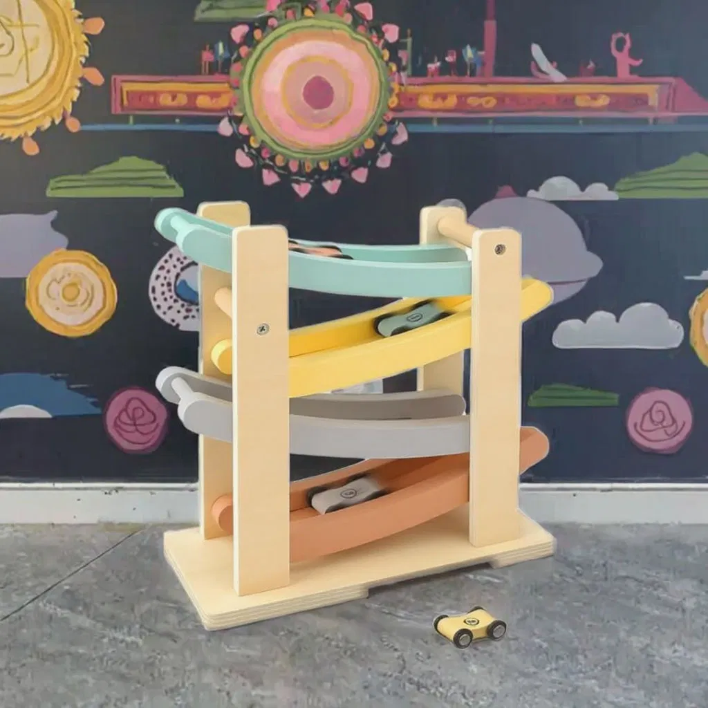 Wooden 4-Level Car Ramps Race Track Set with 4 Toy Cars