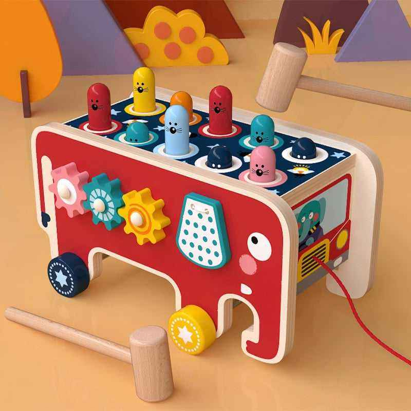 Elephant Hitting Hamster Wooden Knock Toys Pull Push Car Colorful