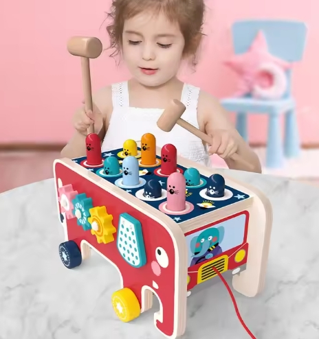 Elephant Hitting Hamster Wooden Knock Toys Pull Push Car Colorful