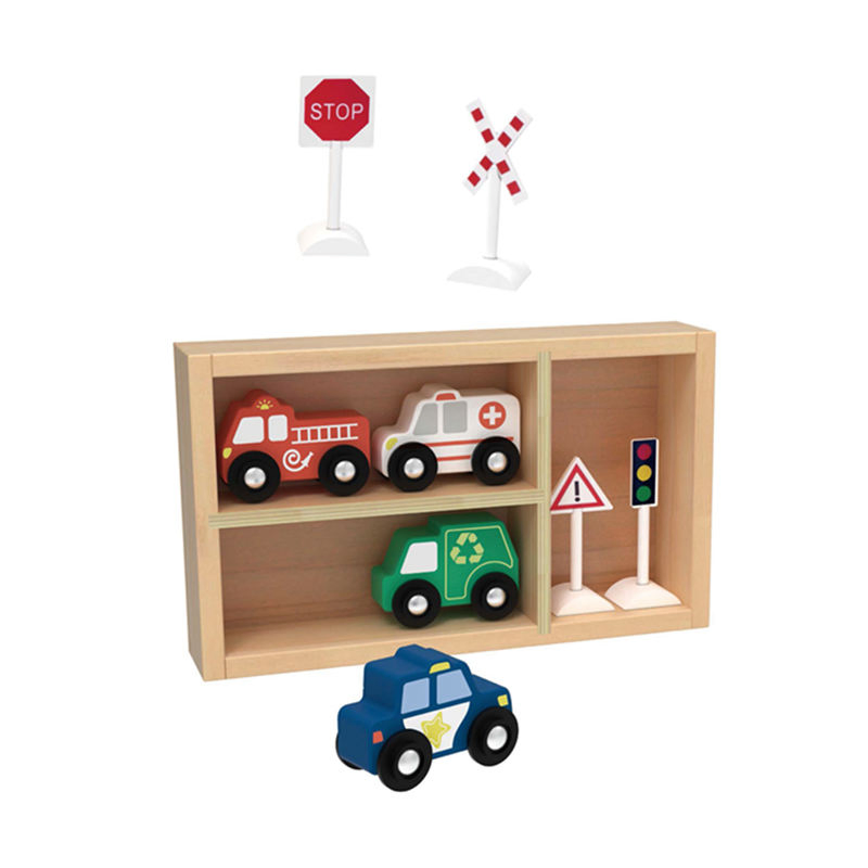 Wooden Transportation Kids Play Street Sign Race Car Track Ambulance Slot Toy