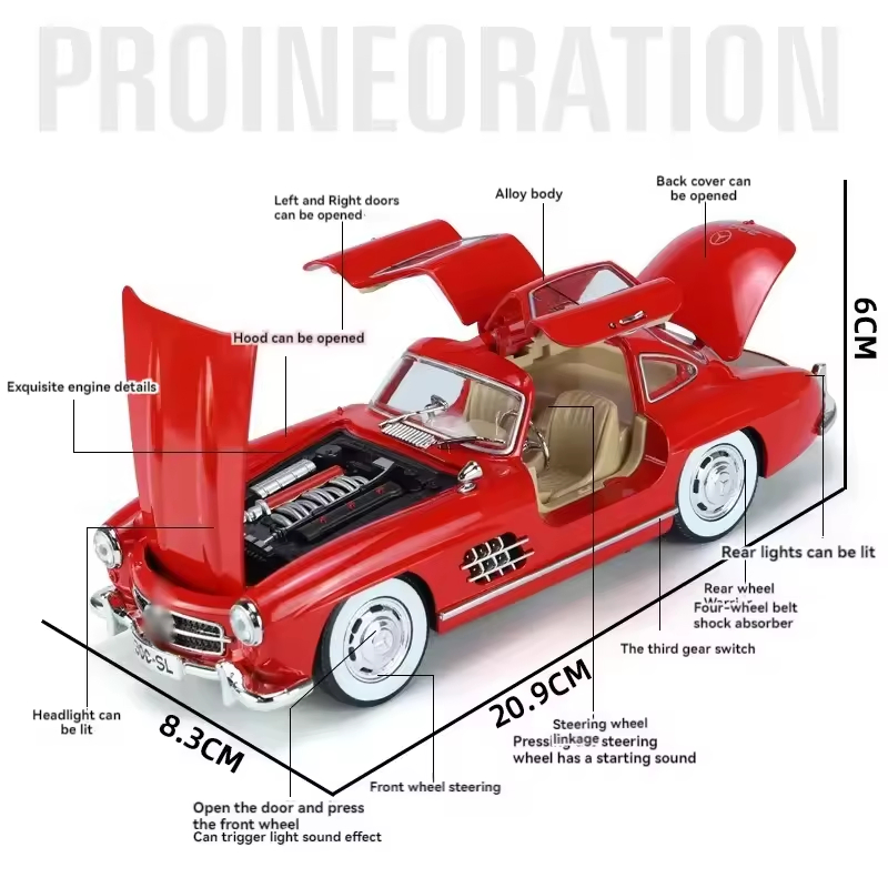 Sound Light 1/24 Benz 300SL Alloy Diecast Model Toy Car