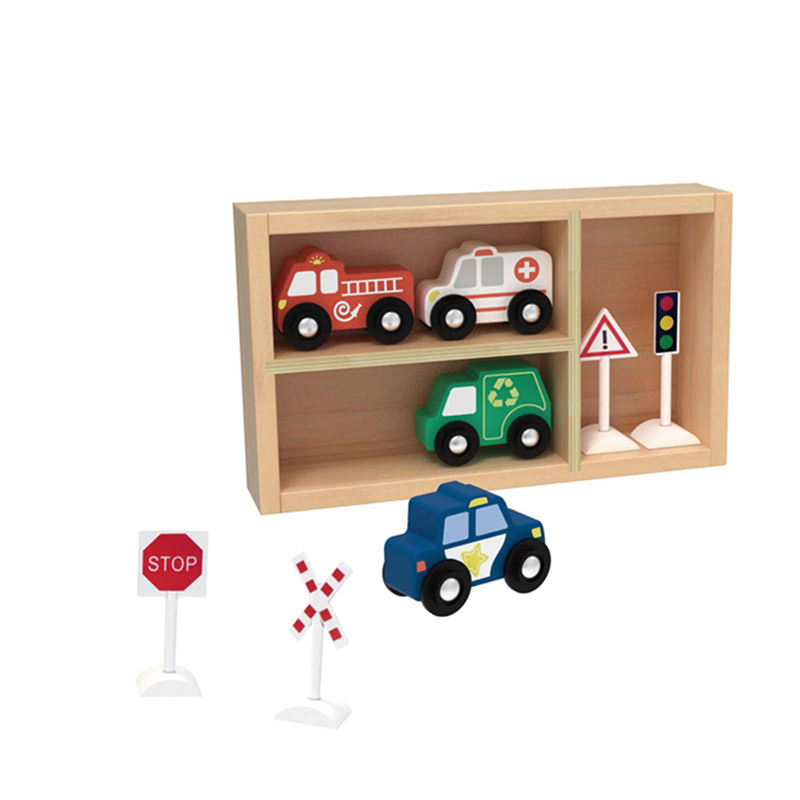 Wooden Transportation Kids Play Street Sign Race Car Track Ambulance Slot Toy