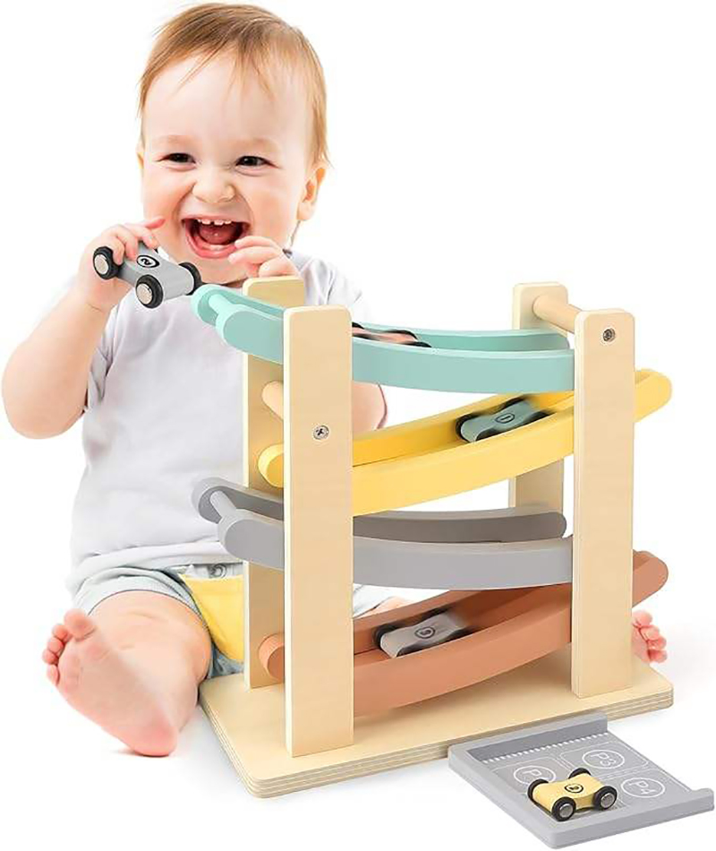 Wooden 4-Level Car Ramps Race Track Set with 4 Toy Cars