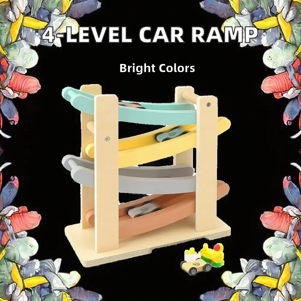 Wooden 4-Level Car Ramps Race Track Set with 4 Toy Cars
