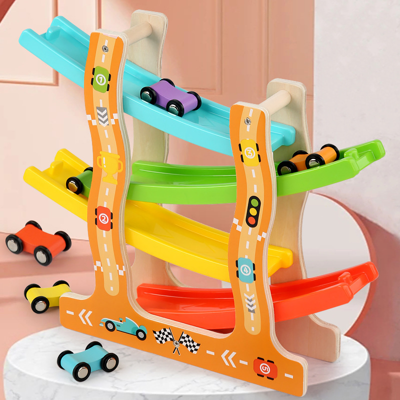 Best Selling Wooden Montessori Sliding Race Track Car Toys for Children Education