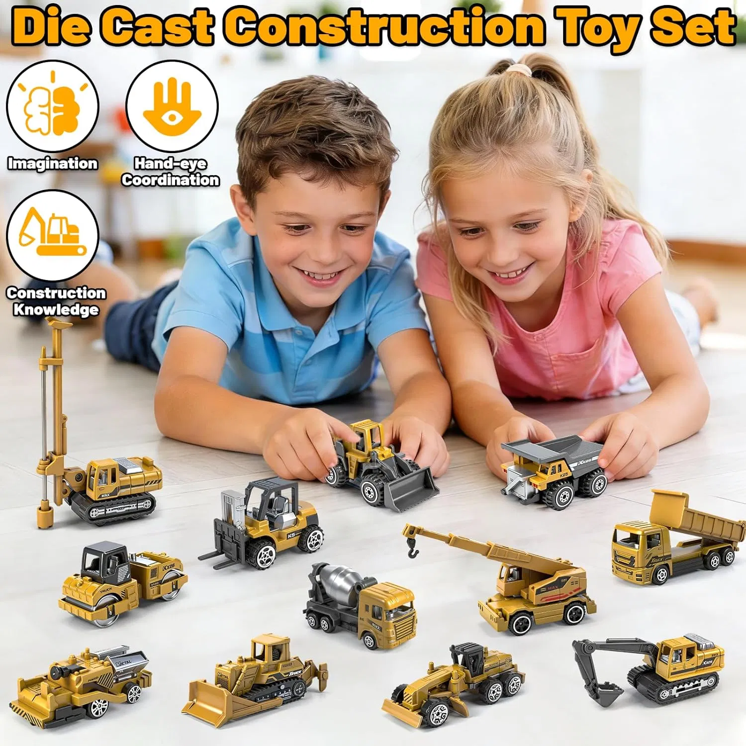 12 Pack Diecast Construction Toys Mini Alloy Construction Truck Vehicle Model Toys for 3-8 Years Old Boys Kids Excavator Car for Birthday Cake Decoration