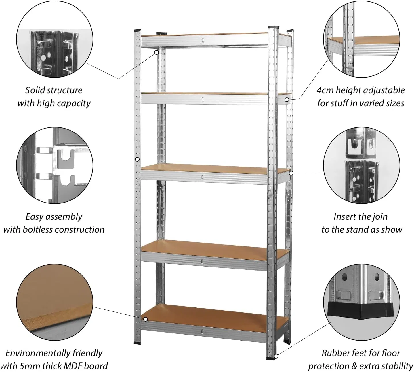 Adjustable 5 Layer Warehouse Storage Shelving, Garage Industrial Boltless Metal Rack Shelves