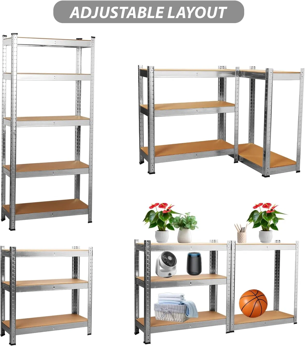 Adjustable 5 Layer Warehouse Storage Shelving, Garage Industrial Boltless Metal Rack Shelves