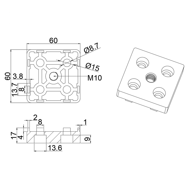 China Manufacturer 7030 60X60mm RoHS Black Casting Zinc Plate Metal Accessories for Industrial T Slot Aluminum Profile Robot Workbench M10 M12 M16 60 80