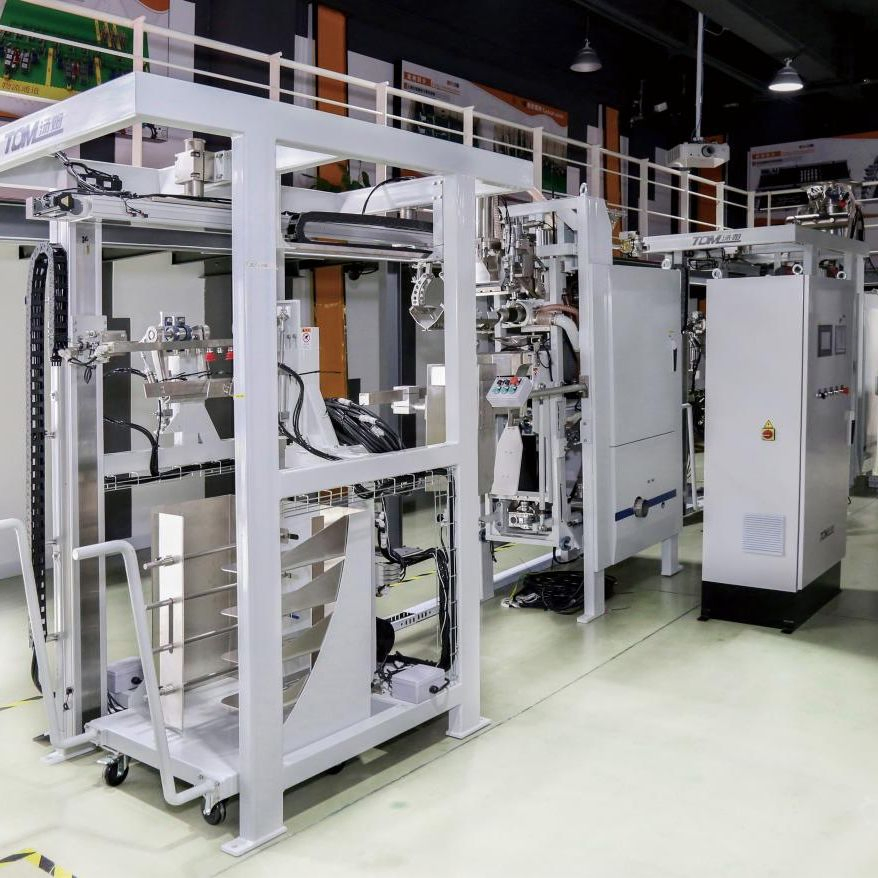 Automatic Weighing, Palletizing and Packaging System for Valve Bags of Chemical Products