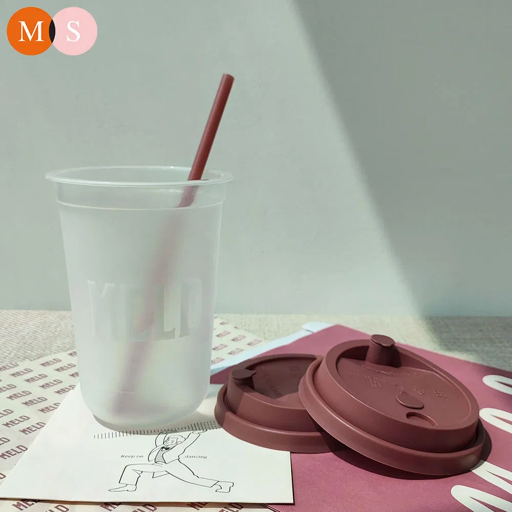 Custom Frosted Injection Molding Milk Tea Drinking Cup PP Round Bottom Disposable U Shape Plastic Disposable Cup with Color Lid and Straw