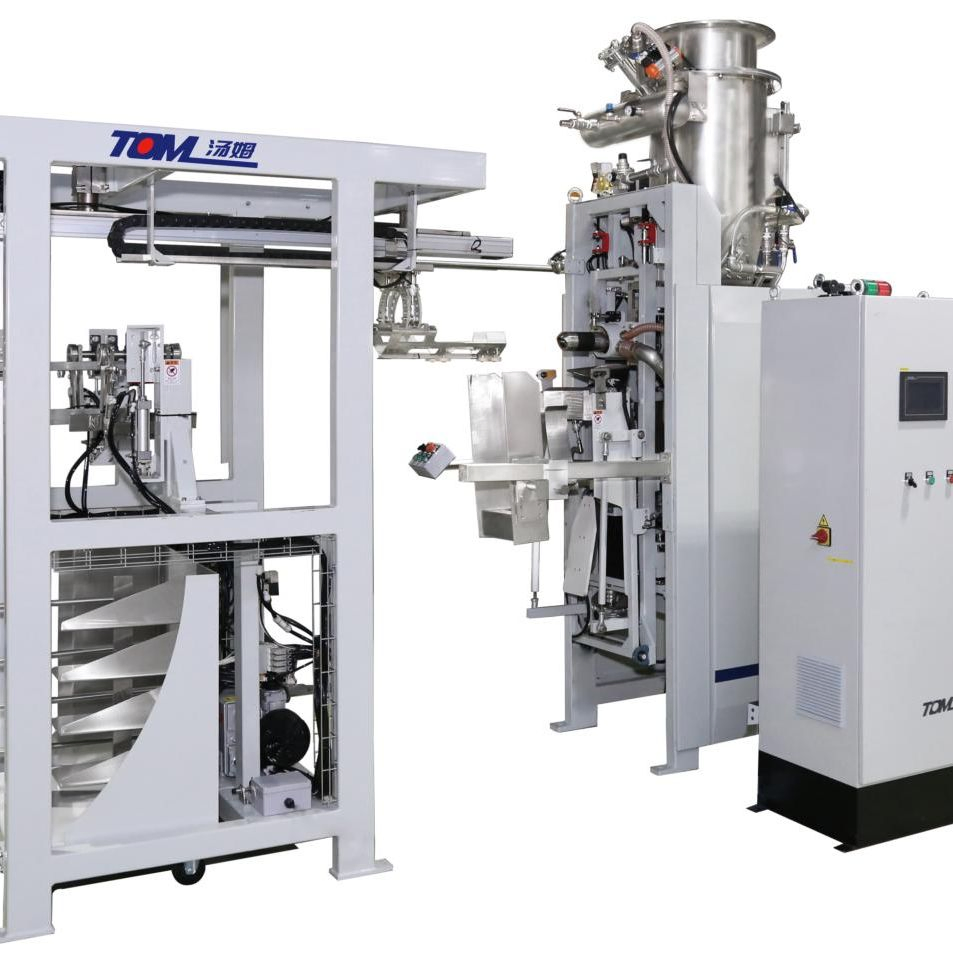 Automatic Weighing, Palletizing and Packaging System for Valve Bags of Chemical Products