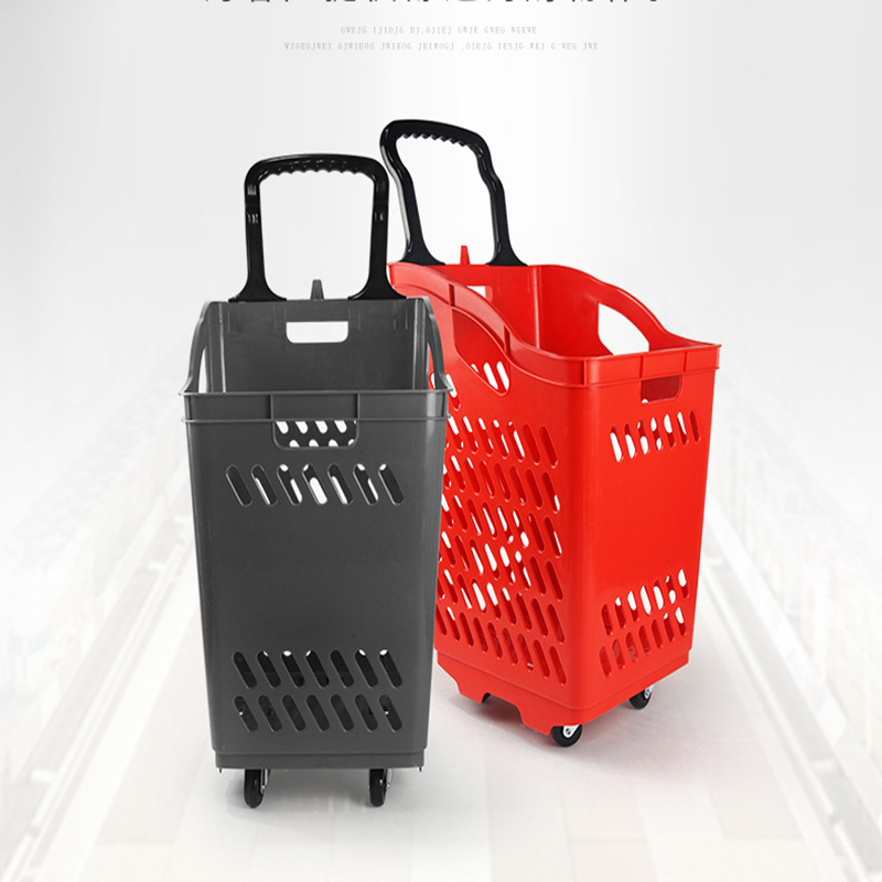 Supermarket Shopping Trolley Basket Three Wheels Plastic Hand Pull Basket