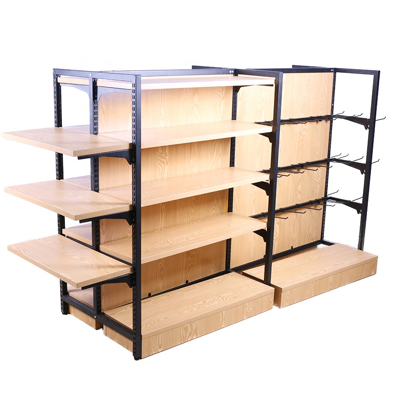 China Factory Wholesale Double-sided Middle Island Shelf Supermarket Wooden Shelf