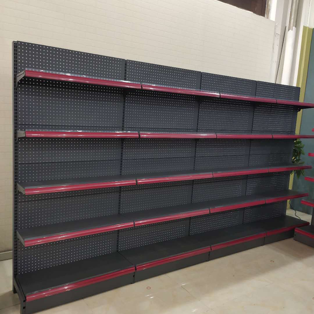 Goods Shelf of Stationery Store Black Red Steel Wood Shelf Cosmetic Display Rack