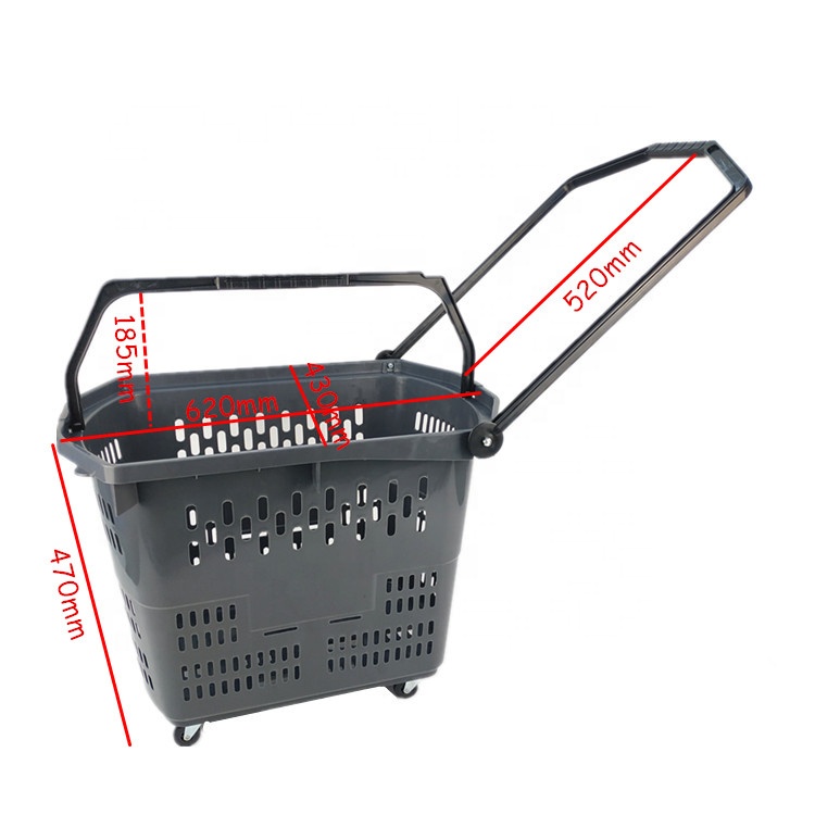 Supermarket Shopping Basket with Wheels and Handle Rolling Shopping Basket