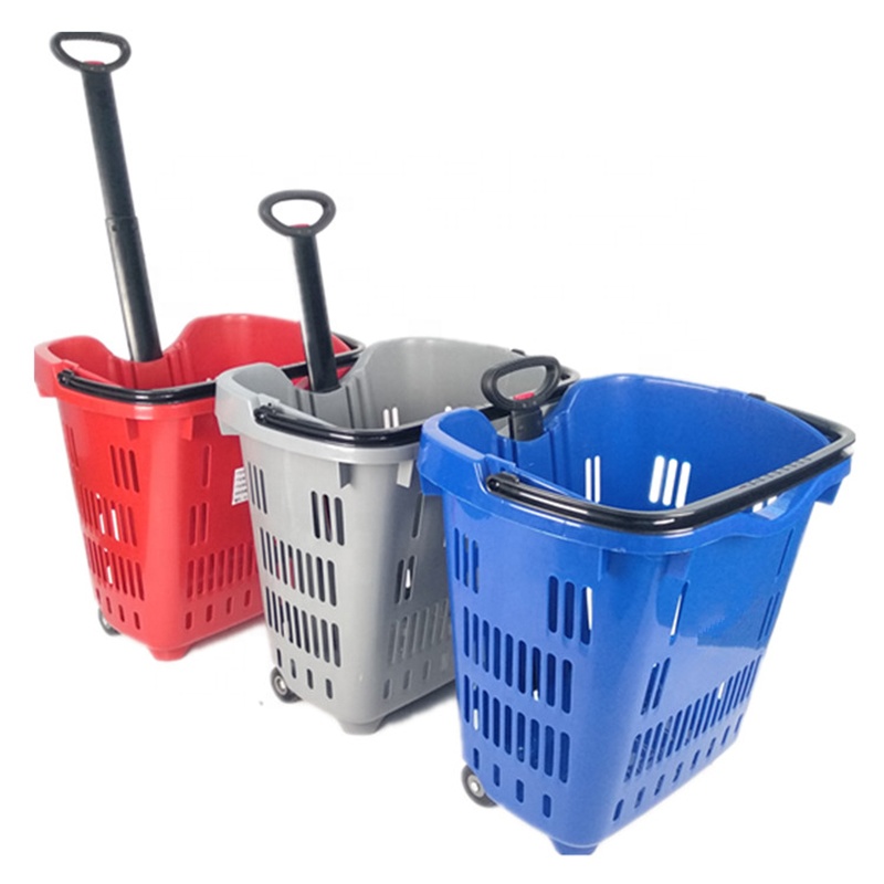 Good Quality Retail Shop Two Wheel Shopping Basket With Aluminum Alloy Handle
