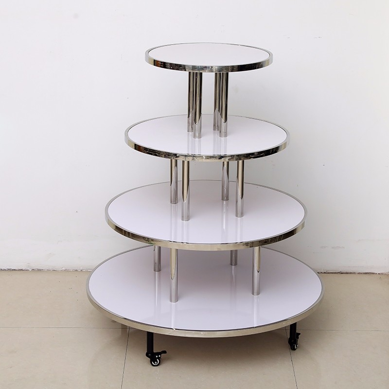Manufacturer Wholesale White Circular 4 Layers Stainless Steel Display Rack With 3 Wheels