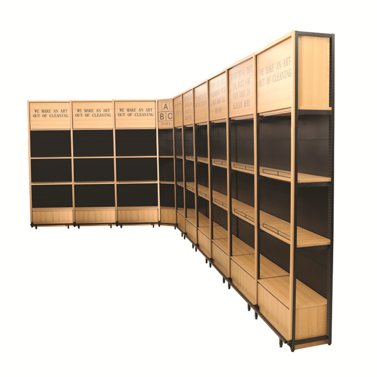 New Selling Modern Metal Wooden Display Shelf Single-side Heavy Duty Supermarket Shelf with Cabinet