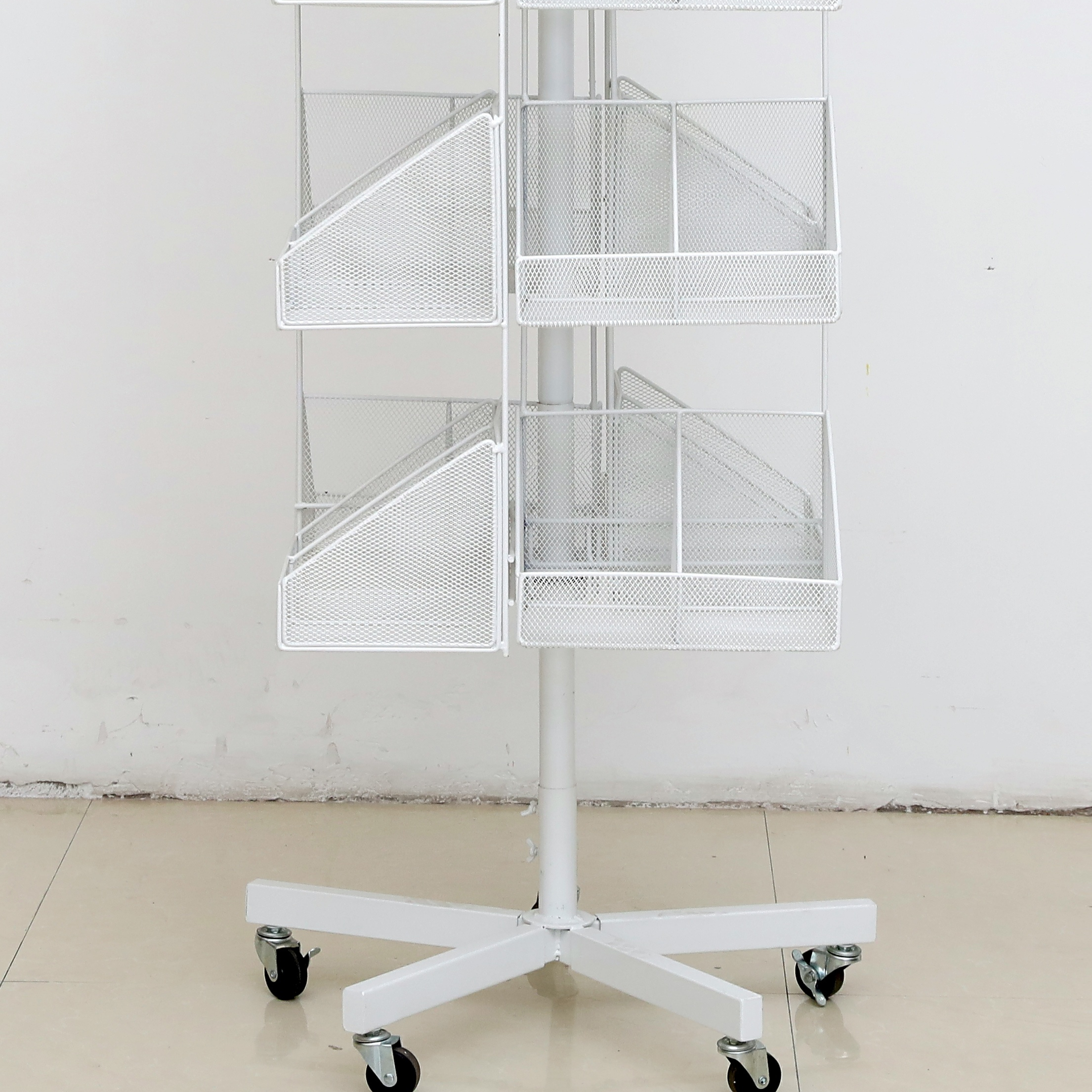 White Five Layer Adjustable and Net Storable and Rotatable Squares of  Metallic Display Rack With 5 Wheels
