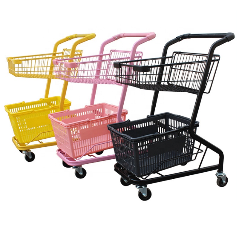 Supermarket Metal Two Basket Cart, 2 Tier Shopping Trolley