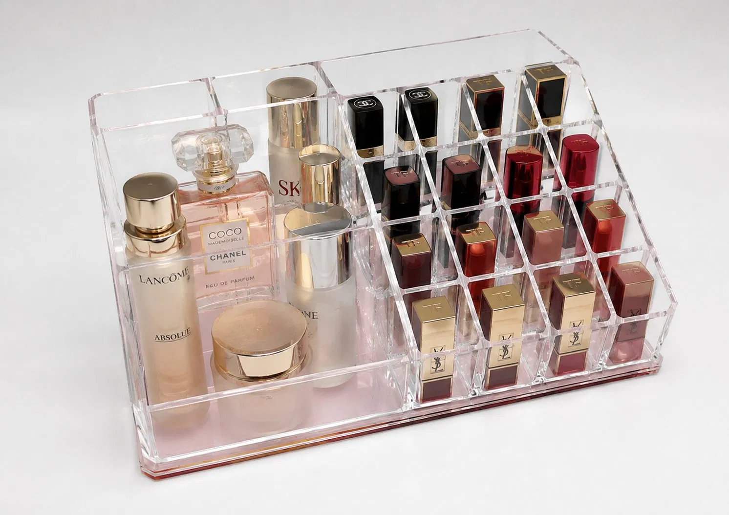 Organizador de Maquiagem de Acrílico Personalizado com Espelho Base Rosa Grande Capacidade Caixa de Armazenamento de Cosméticos Suporte para Batom