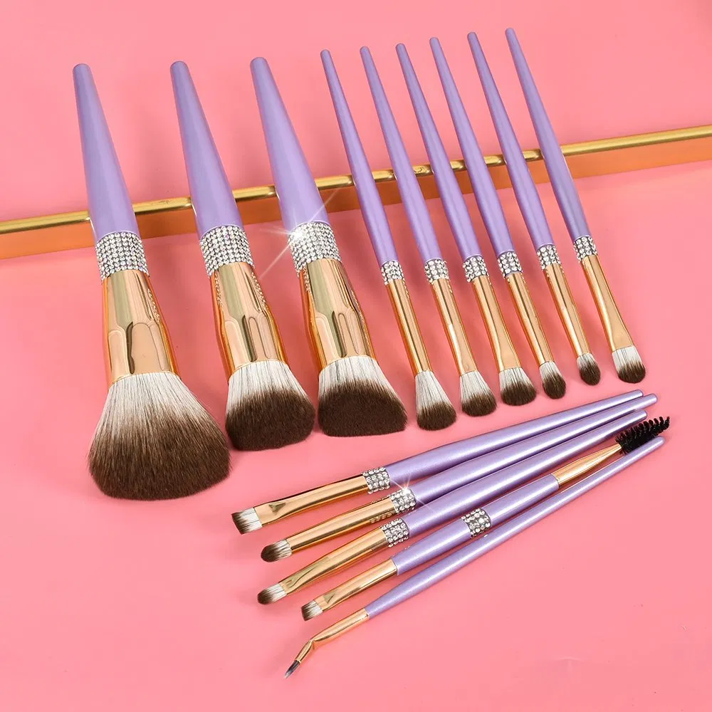 Conjunto de Pincéis de Maquiagem de Luxo com Cabo Roxo, Conjunto de Pincéis de Maquiagem de Alta Qualidade com Brilho e Joias em Grande Escala