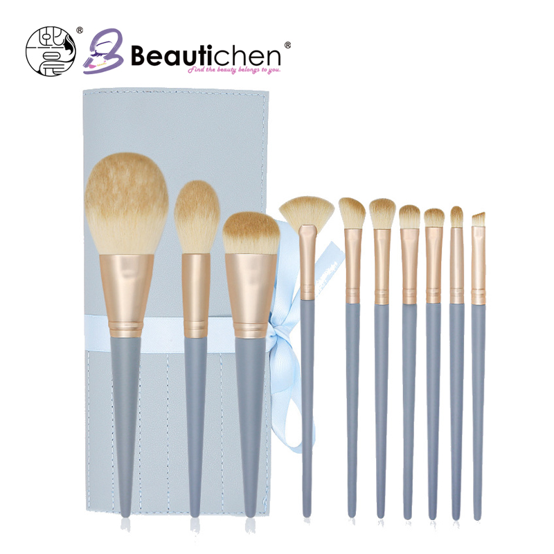 Conjunto de Pincéis de Maquiagem Beautichen 11-Piece com Estojo de Viagem – Cerdas Sintéticas Macias, Ferrule Dourado e Cabos Azul Cinza – Pincéis para o Rosto e Olhos
