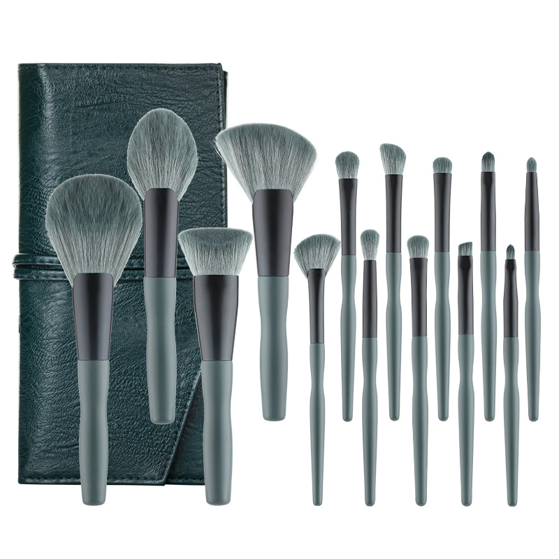 Conjunto de Pincéis de Maquiagem Profissional Beautichen 15-Piece com Estojo de Viagem – Cerdas Veganas Verde Cinza e Cabos Ergonômicos