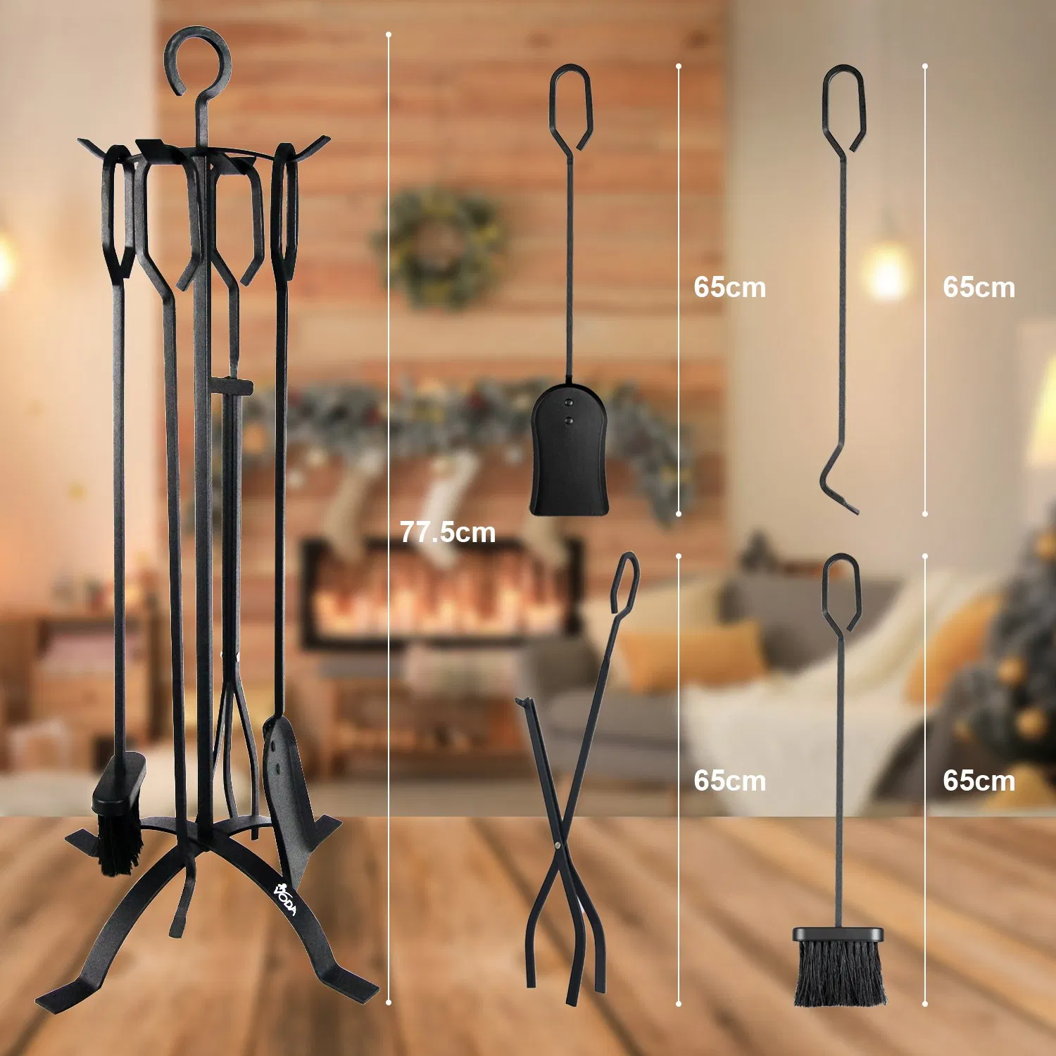 Conjunto de Ferramentas para Lareira Fire Beauty Preto 5 Peças Acessórios de Ferro Forjado para Lareira com Pinças e Poker