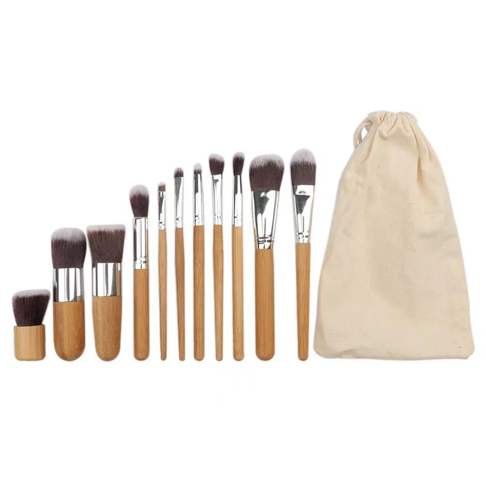 11-Piece Conjunto de Pincéis de Maquiagem com Cabo de Bambu Ferramentas Cosméticas de Beleza Ecológicas