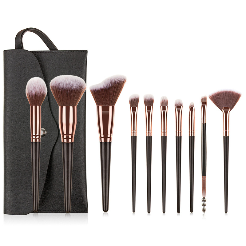Conjunto de Pincéis de Maquiagem de Marca Personalizada com Baixa MOQ 10 Cabo de Plástico Conjunto Vegano com Bolsa Pincéis Profissionais de Maquiagem Pretos