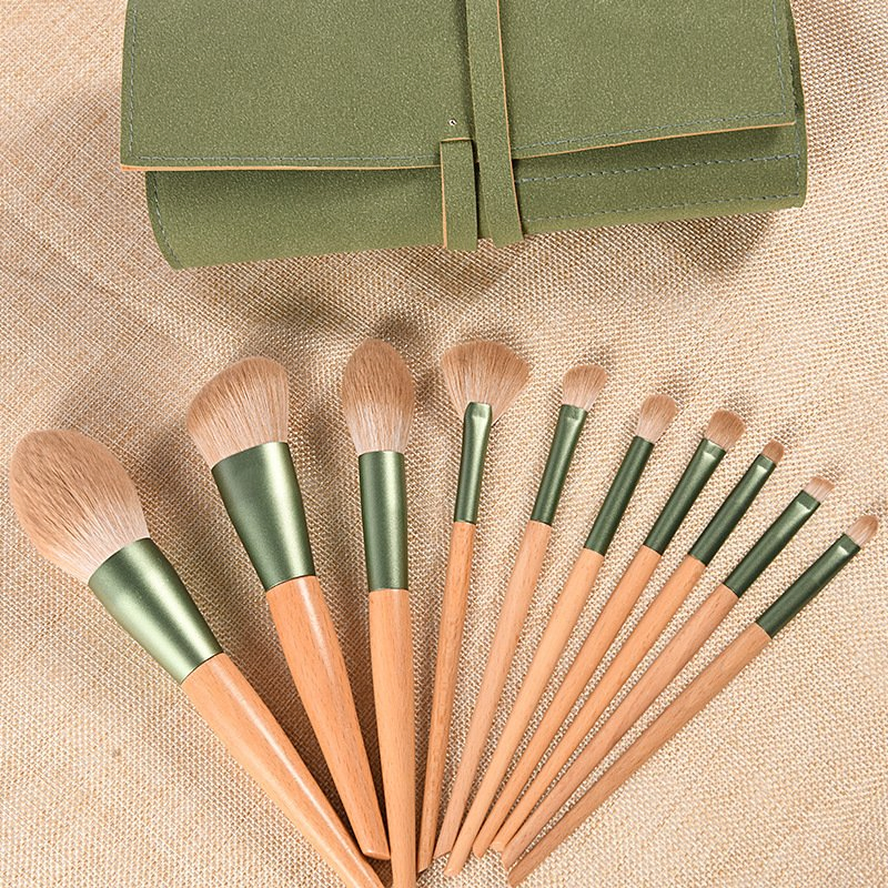 Conjunto de Pincéis de Maquiagem com Cabo de Madeira Beautichen 10PCS - Série Qingluo, Cerdas Sintéticas Macias para Iniciantes, Kit Completo de Pincéis Cosméticos