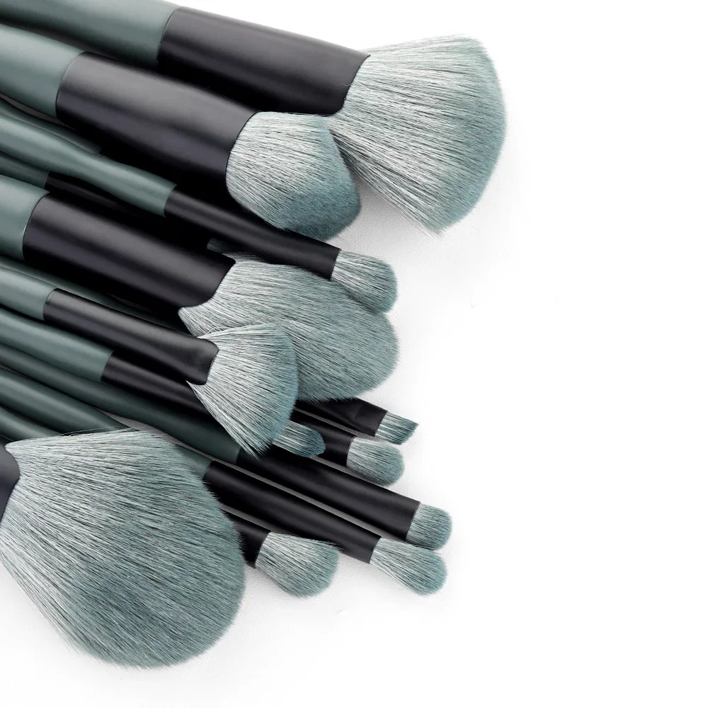 Conjunto de Pincéis de Maquiagem Profissional Beautichen 15-Piece com Estojo de Viagem – Cerdas Veganas Verde Cinza e Cabos Ergonômicos