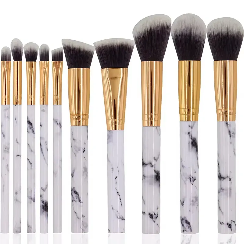 10PCS Conjunto de Pincéis de Maquiagem com Cabo de Mármore Rosa e Ferramentas Cosméticas Profissionais