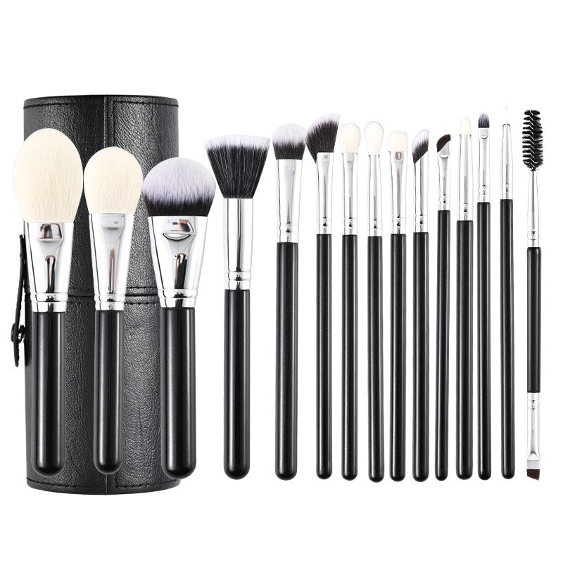 Conjunto de Pincéis de Maquiagem de Cabelo Sintético Profissional 15-Piece com Cabo de Plástico para Aplicação no Rosto e Olhos
