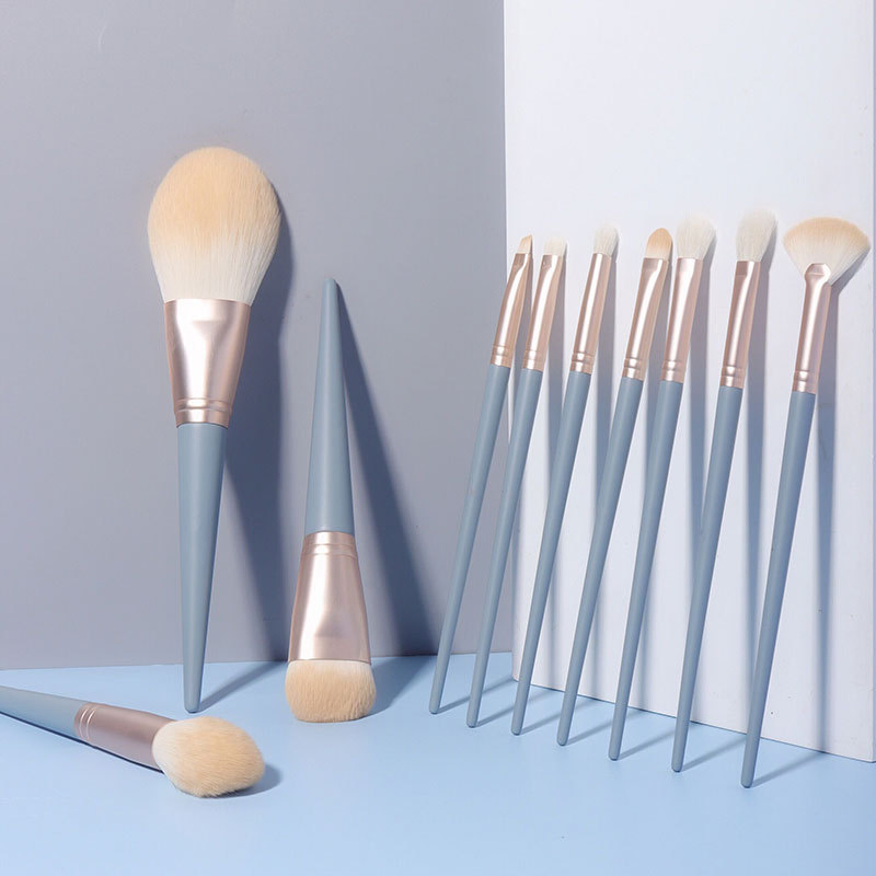 Conjunto de Pincéis de Maquiagem Beautichen 11-Piece com Estojo de Viagem – Cerdas Sintéticas Macias, Ferrule Dourado e Cabos Azul Cinza – Pincéis para o Rosto e Olhos