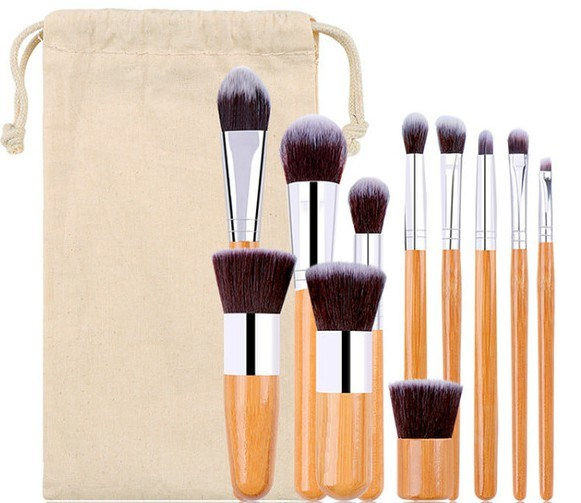 11PCS Conjunto de Pincéis de Maquiagem de Bambu com Pincéis de Fibra Sintética Macios e Bolsa