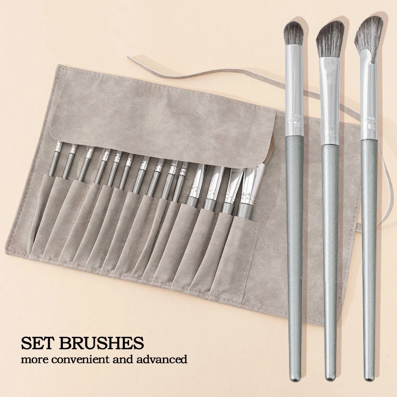 14PCS Conjunto de Pincéis de Maquiagem de Fibra Sintética Prateada com Bolsa