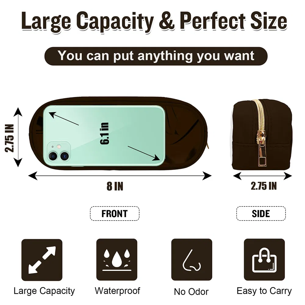 Pochete de Maquiagem de Nylon PVC com Zíper Preta Estojo de Beleza para Pincéis e Lápis