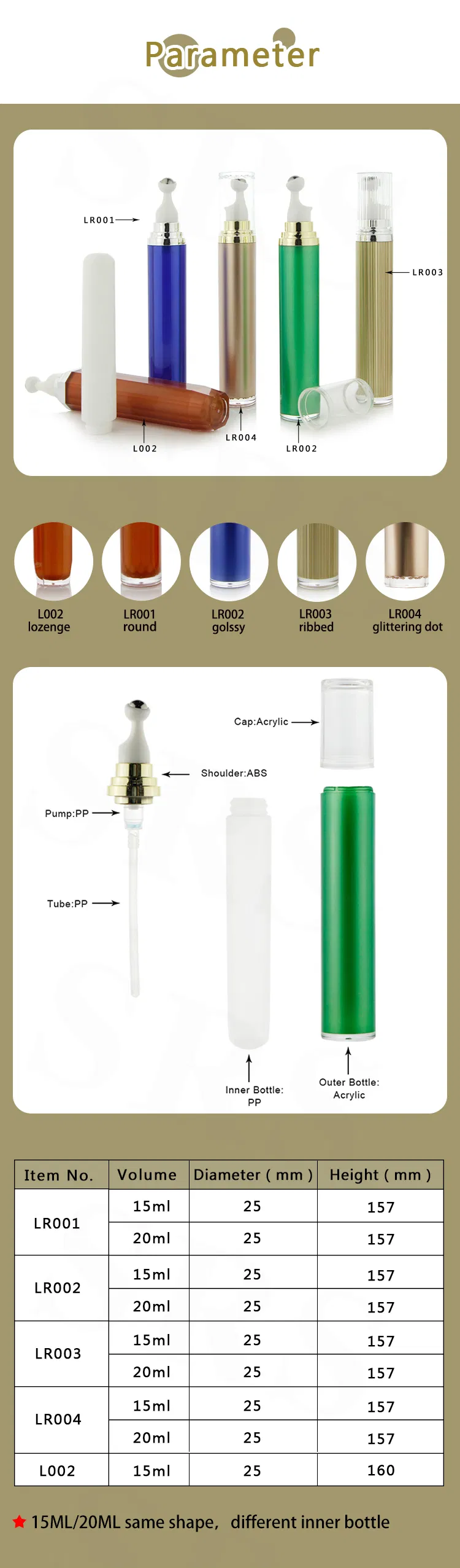 Creme para os Olhos em Camadas Duplas com Aplicador Roller de Acrílico Premium Dourado 15ml 20ml