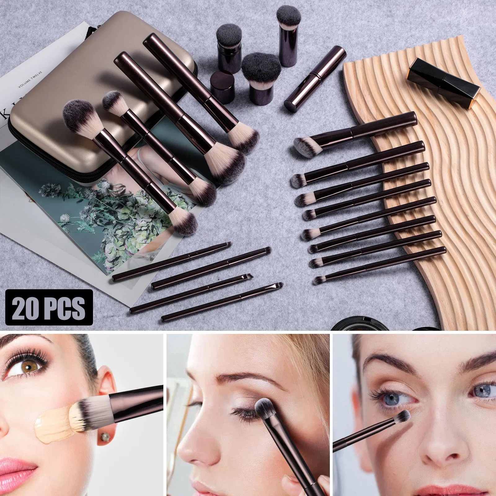 20 Conjunto de Pincéis de Maquiagem Profissional PCS com Estojo de Viagem